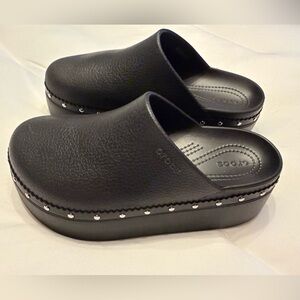 CROCS Black Platform Clogs with Metallic Accents